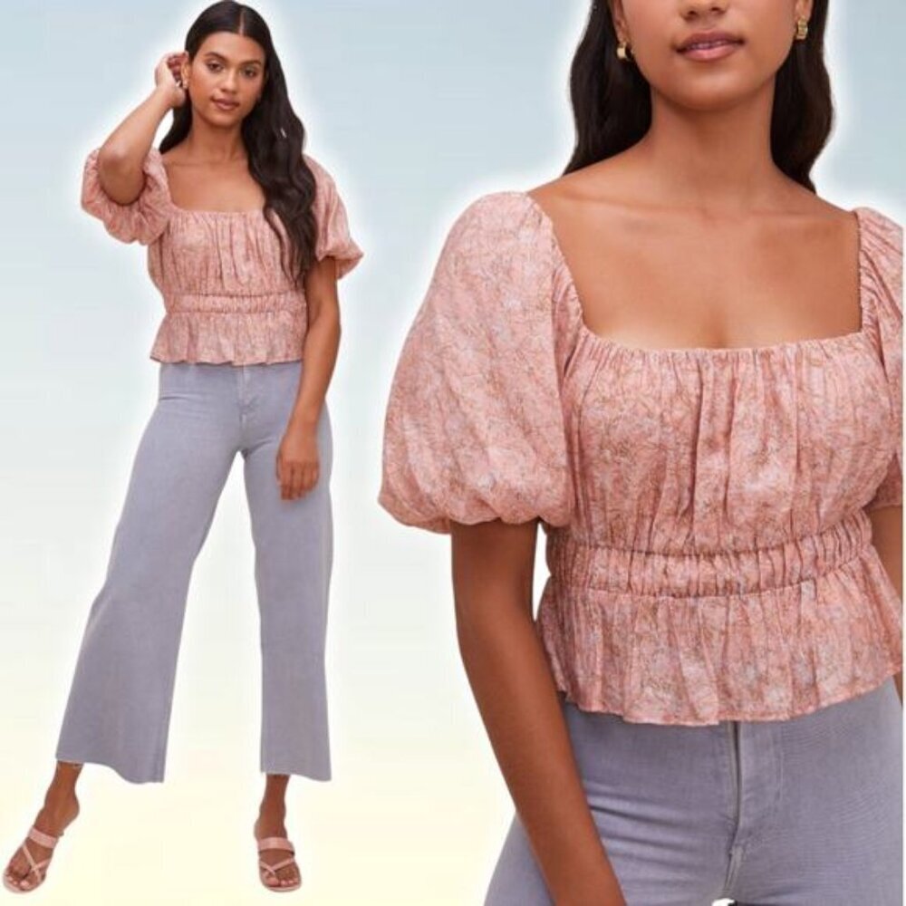 ASTR The Label Theron Bubble Sleeve Peplum Top Sz Small Pink Taupe Floral